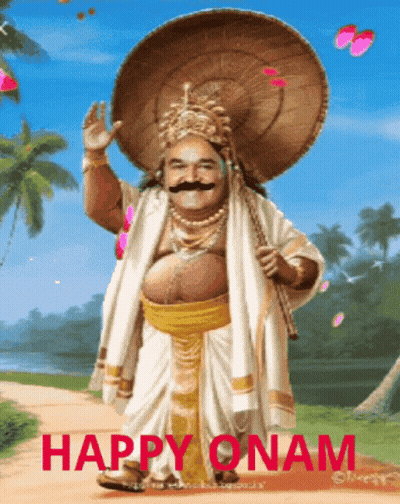 A Happy Onam Greeting Card With A Cartoon Character GIF