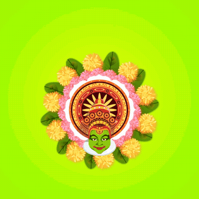 A Happy Onam Greeting Card With Flowers And A Green Face GIF