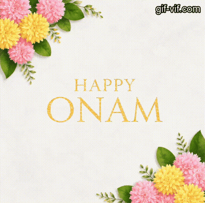 A Happy Onam Greeting Card With Flowers And Leaves GIF