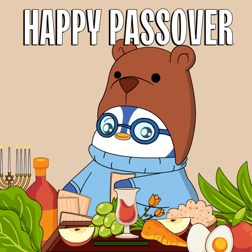 A Happy Passover Greeting Card With A Bear Wearing Glasses GIF