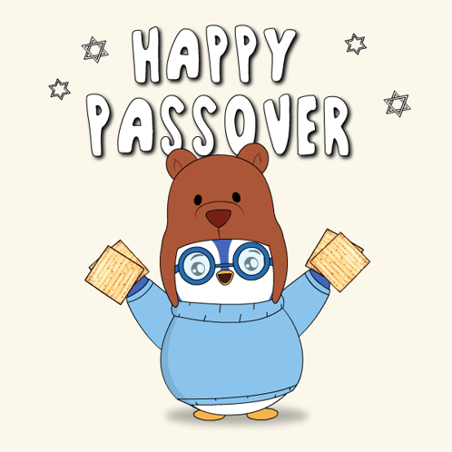 A Happy Passover Greeting Card With A Penguin Wearing A Bear Hat And Glasses GIF