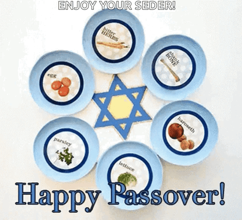 A Happy Passover Greeting Card With Plates And A Star Of David GIF