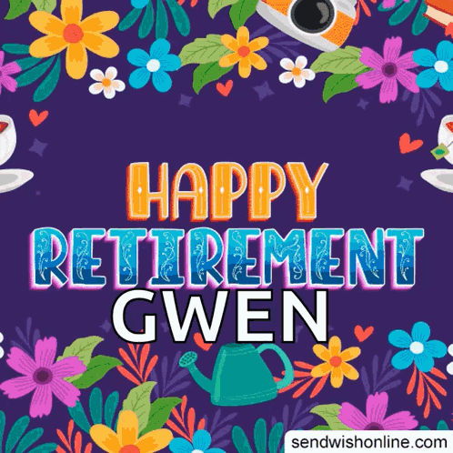 A Happy Retirement Gwen Greeting Card With Flowers And Coffee Cups GIF