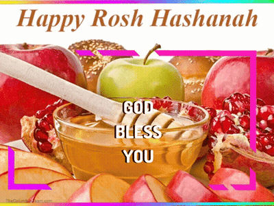 A Happy Rosh Hashanah Greeting Card With A Bowl Of Honey GIF