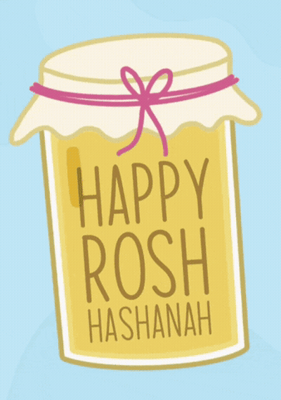 A Happy Rosh Hashanah Greeting Card With A Jar Of Honey GIF