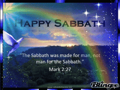 A Happy Sabbath Card With A Rainbow And A Dove GIF