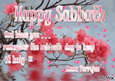 A Happy Sabbath Greeting Card With Pink Flowers And Hearts GIF
