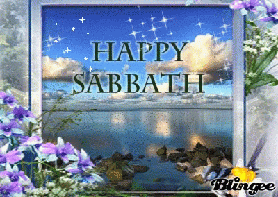 A Happy Sabbath Greeting Card With Purple Flowers In The Background GIF