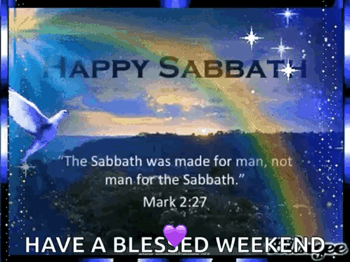 A Happy Sabbath Message With A Rainbow And A Dove GIF