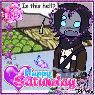 A Happy Saturday Greeting Card With A Cartoon Character And Flowers GIF