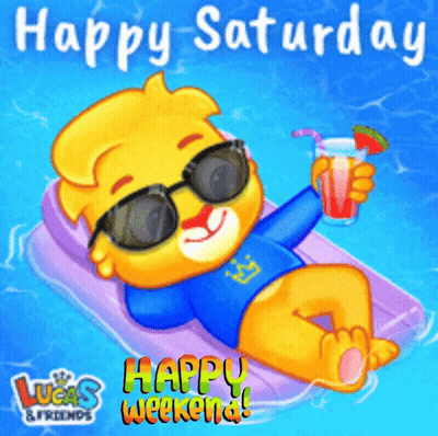 A Happy Saturday Greeting Card With A Cartoon Character On A Raft GIF