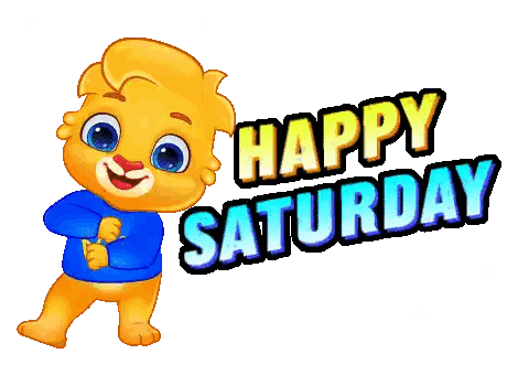 A Happy Saturday Greeting With A Cartoon Character Standing Next To It Sticker