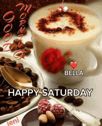 A Happy Saturday Greeting With A Cup Of Coffee And A Rose GIF