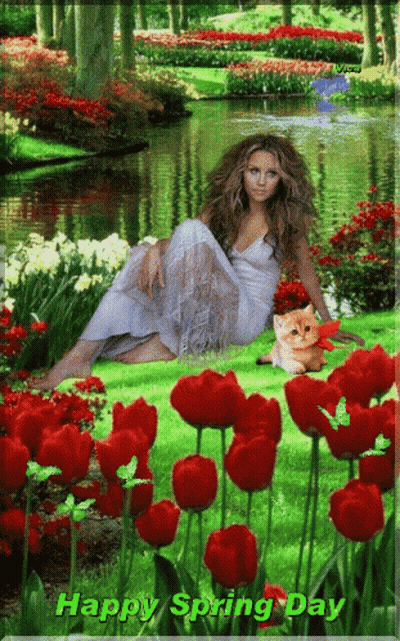 A Happy Spring Day Greeting Card With A Woman Sitting In A Field Of Red Tulips GIF
