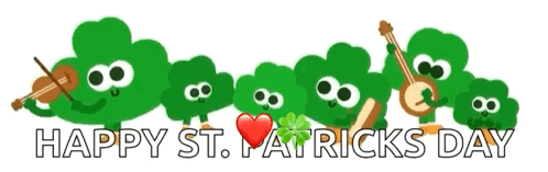 A Happy St. Patrick 'S Day Greeting Card With Clovers Playing Violins And Guitars GIF