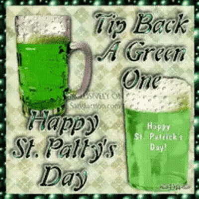 A Happy St. Patty 'S Day Greeting Card With Two Green Mugs Of Beer GIF