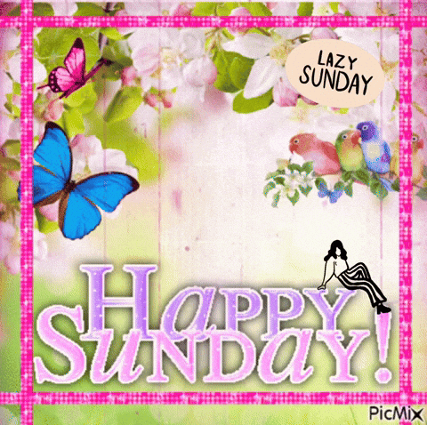 A Happy Sunday Card With Butterflies And Birds On It GIF