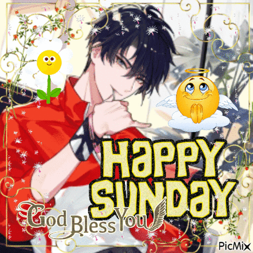 A Happy Sunday Greeting Card With A Boy And A Flower GIF