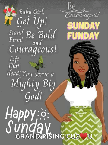A Happy Sunday Greeting Card With A Woman And The Words Be Encouraged GIF