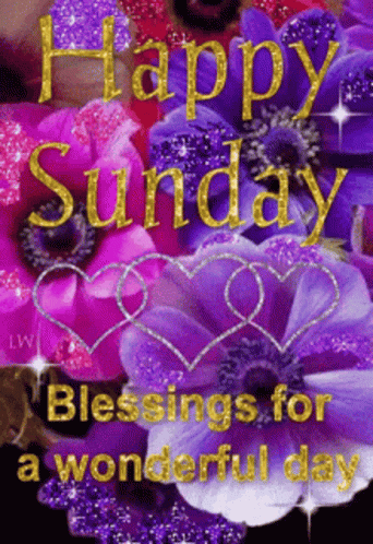 A Happy Sunday Greeting With Purple Flowers And Hearts GIF