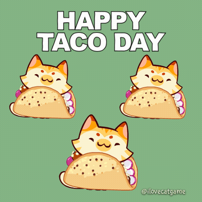 A Happy Taco Day Greeting Card With Three Cats Eating Tacos GIF