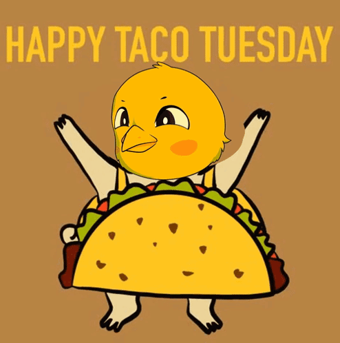 A Happy Taco Tuesday Greeting Card With A Chicken Holding A Taco GIF