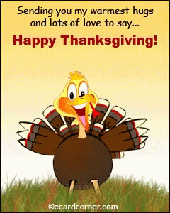 A Happy Thanksgiving Card With A Cartoon Turkey On It GIF