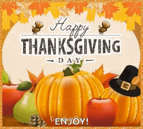 A Happy Thanksgiving Day Greeting Card With Pumpkins , Apples , Turkeys And Leaves GIF