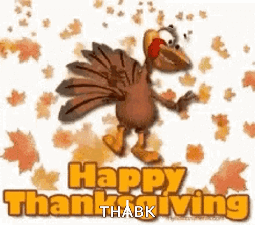 A Happy Thanksgiving Greeting Card With A Cartoon Turkey And Leaves GIF