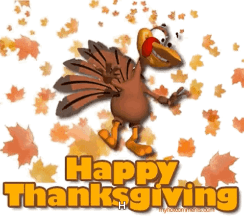 A Happy Thanksgiving Greeting Card With A Cartoon Turkey And Leaves GIF