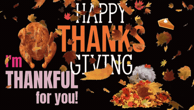 A Happy Thanksgiving Greeting Card With A Roasted Chicken And A Pile Of Leaves GIF