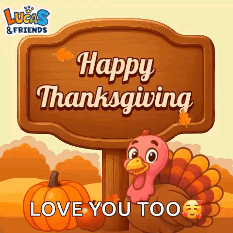 A Happy Thanksgiving Greeting Card With A Turkey And Pumpkins . GIF
