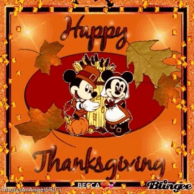 A Happy Thanksgiving Greeting Card With Mickey Mouse And Minnie Mouse On It GIF