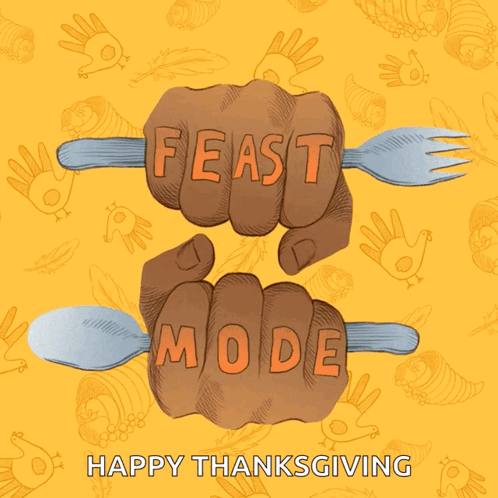 A Happy Thanksgiving Greeting Card With Two Hands Holding Forks And Spoons GIF