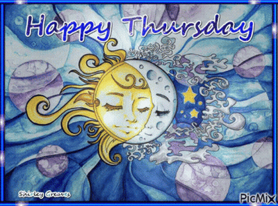 A Happy Thursday Card With A Sun And Moon GIF
