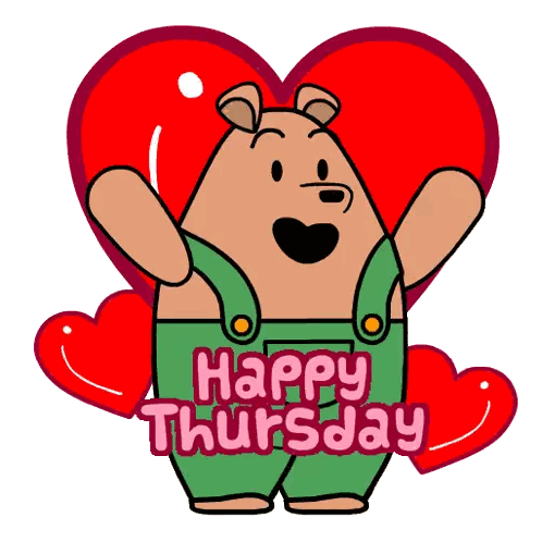 A Happy Thursday Greeting Card With A Bear Holding A Red Heart Sticker