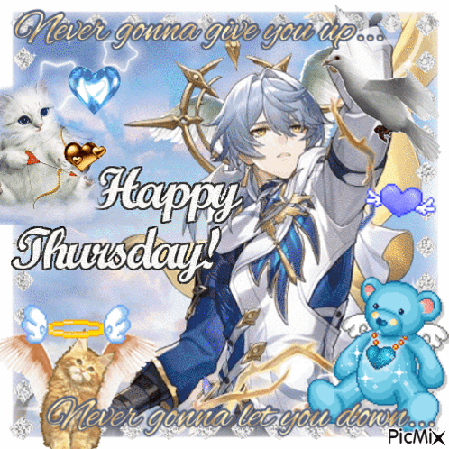 A Happy Thursday Greeting Card With A Boy Holding A Bird GIF