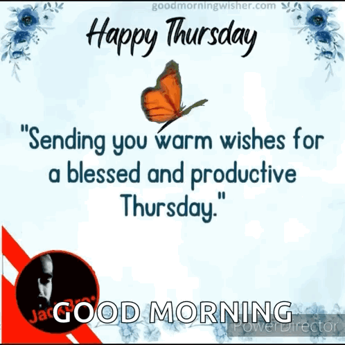 A Happy Thursday Greeting Card With A Butterfly And Flowers GIF