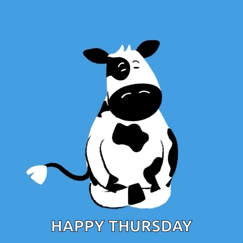 A Happy Thursday Greeting Card With A Cartoon Cow GIF