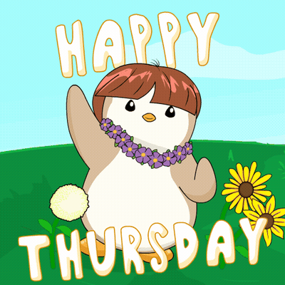 A Happy Thursday Greeting Card With A Penguin Wearing A Lei Of Flowers GIF