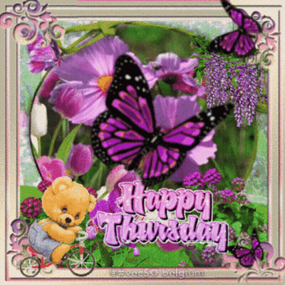 A Happy Thursday Greeting Card With A Teddy Bear Riding A Bike GIF