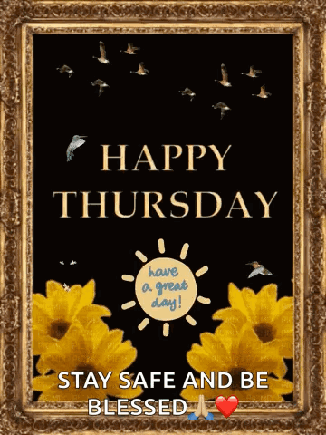 A Happy Thursday Greeting Card With Yellow Flowers And Birds GIF