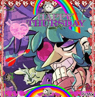A Happy Thursday Greeting With A Cartoon Character And A Rainbow GIF