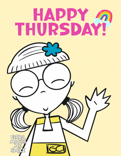 A Happy Thursday Poster With A Girl Wearing Glasses GIF