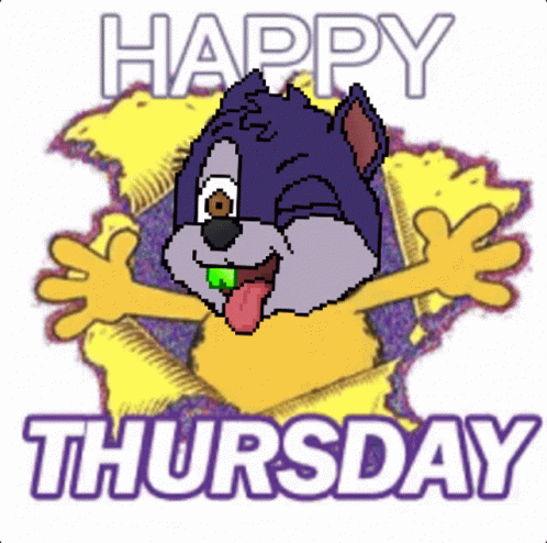 A Happy Thursday Sign With A Cartoon Dog On It GIF