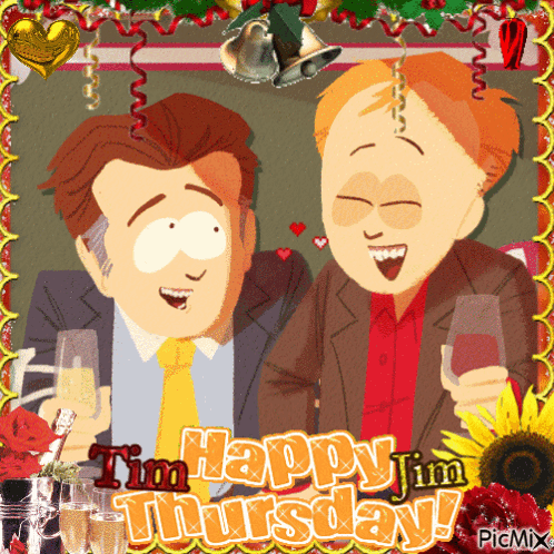 A Happy Tim Thursday Greeting Card With Two Men Holding Wine Glasses GIF