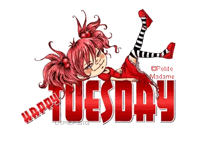 A Happy Tuesday Graphic With A Girl In Red Sticker