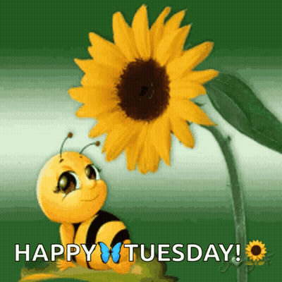 A Happy Tuesday Greeting Card With A Bee And Sunflower GIF