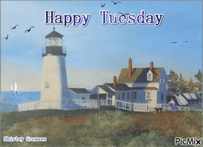 A Happy Tuesday Greeting Card With A Lighthouse And Houses GIF