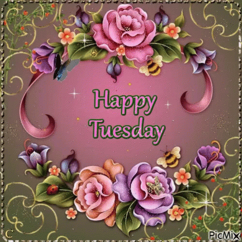 A Happy Tuesday Greeting Card With Flowers And Butterflies GIF